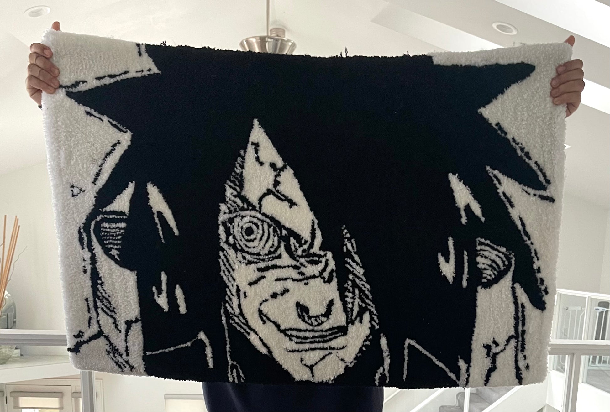 Custom-made tufted rug featuring a Naruto, Madara design. Handcrafted with love, this unique piece adds an awesome touch to any space.